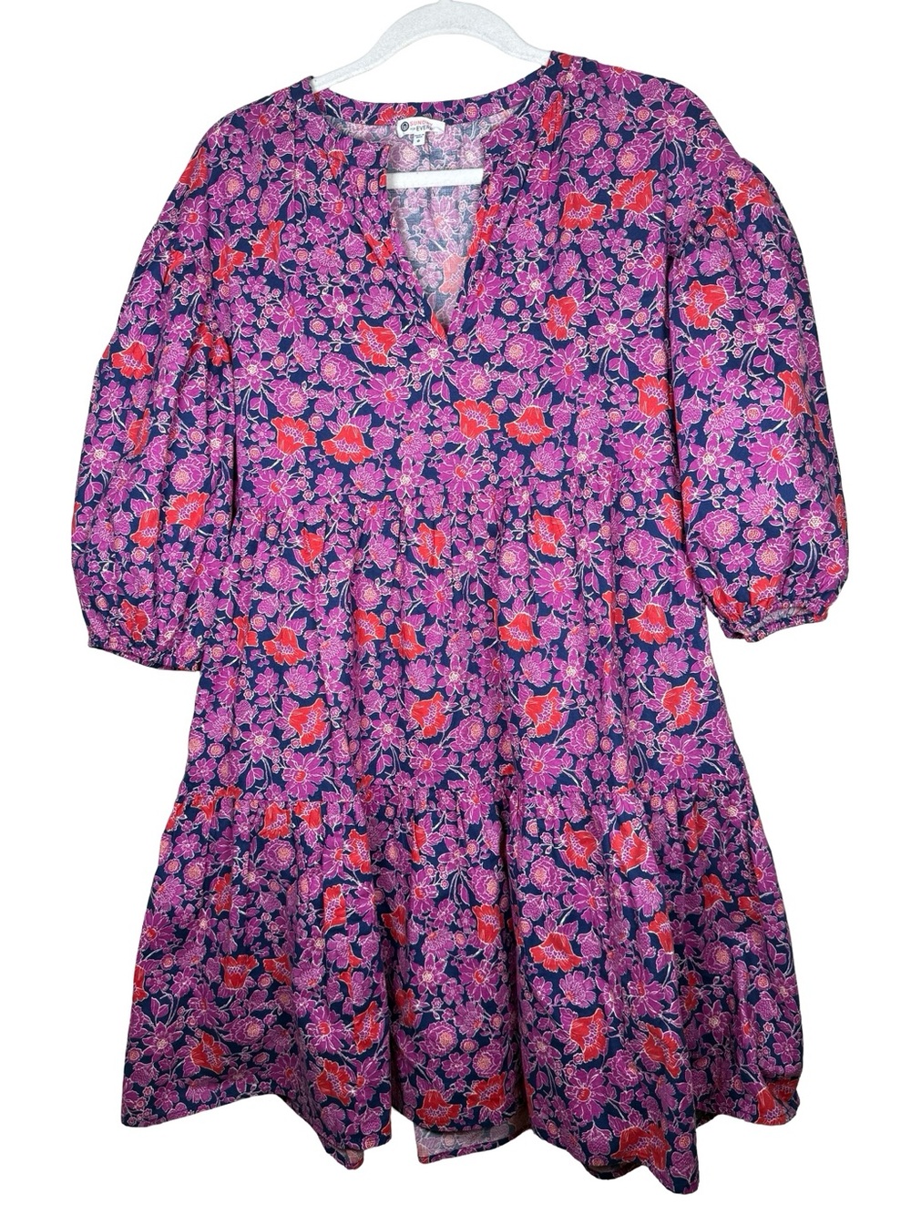 Evereve x Sundry The Anywhere Tiered Floral Dress Mini Puff Sleeve Purple sz XS